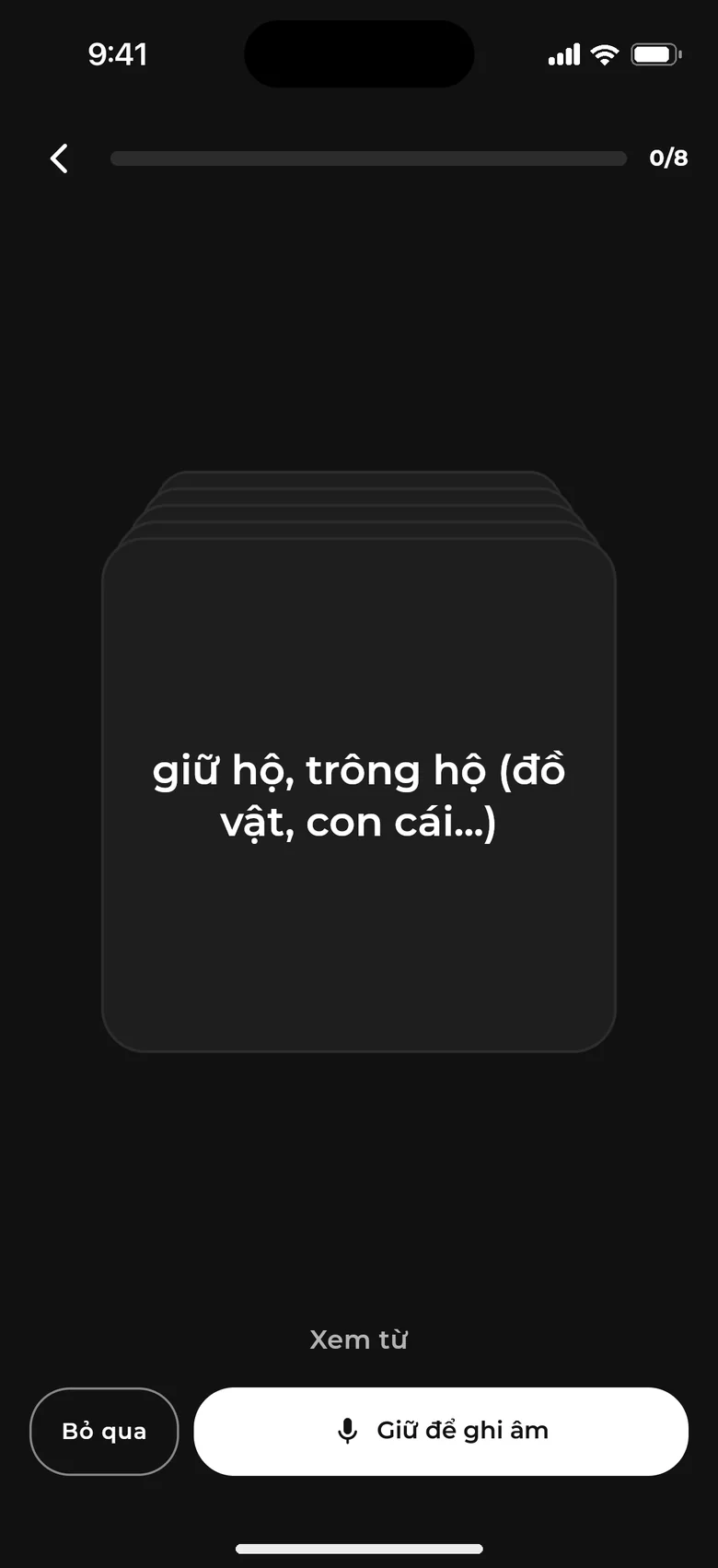 Flashcard nói: mặt thẻ là nghĩa, giữ nút để đọc to từ