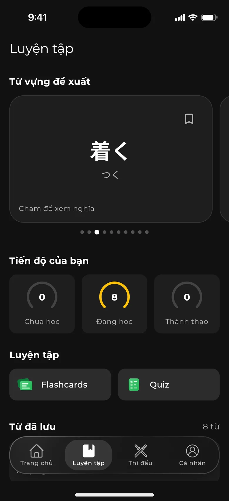 Tab Luyện tập: từ vựng đề xuất, tiến độ Chưa học, Đang học, Thành thạo, Flashcards và Quiz