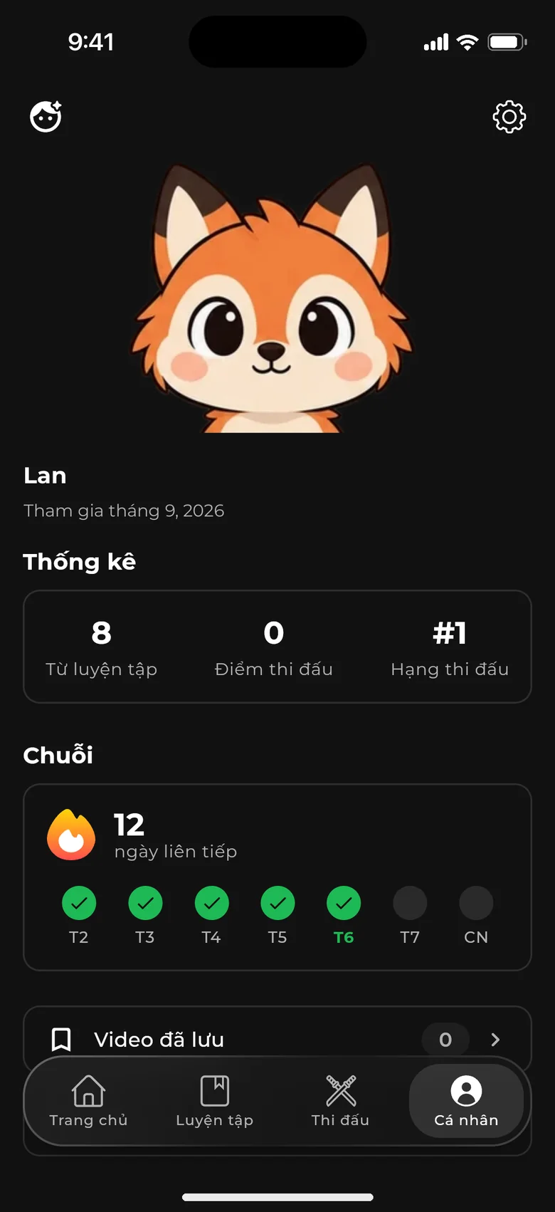 Trang cá nhân: nhân vật đồng hành, thống kê và chuỗi 12 ngày học liên tiếp