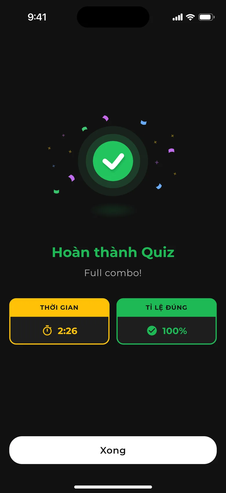 Màn hoàn thành Quiz: thời gian làm bài và tỉ lệ đúng 100%